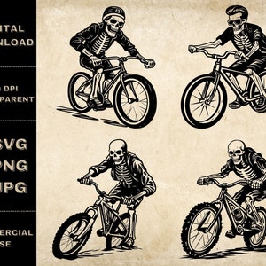Skelett Radfahrer SVG Bundle, PNG, lustige Fahrrad Clipart, handgezeichnete coole Skelett Radfahren Vektor Illustration, SVG-Dateien für Lasergravur