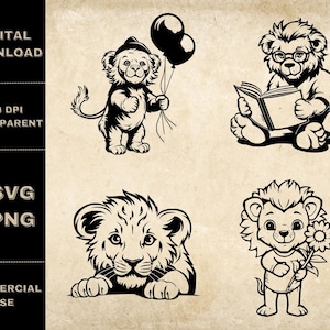 Cute Lion SVG Bundle, PNG, Baby Lion Clipart, Hand Drawn Lions Vector Illustration, SVG Files For Laser Engraving