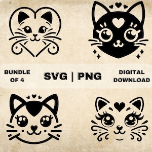 Pacchetto SVG faccia di gatto, clipart gatto carino, illustrazione vettoriale a tema amante dei gatti disegnato a mano, file SVG per incisione laser e artigianato