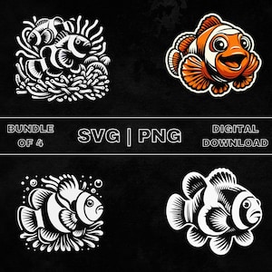 Clownfish SVG Bundle, Clown Fish Clipart, Hand Drawn Clownfish Theme Vector Illustration, PNG Files For Laser Engraving & Craft