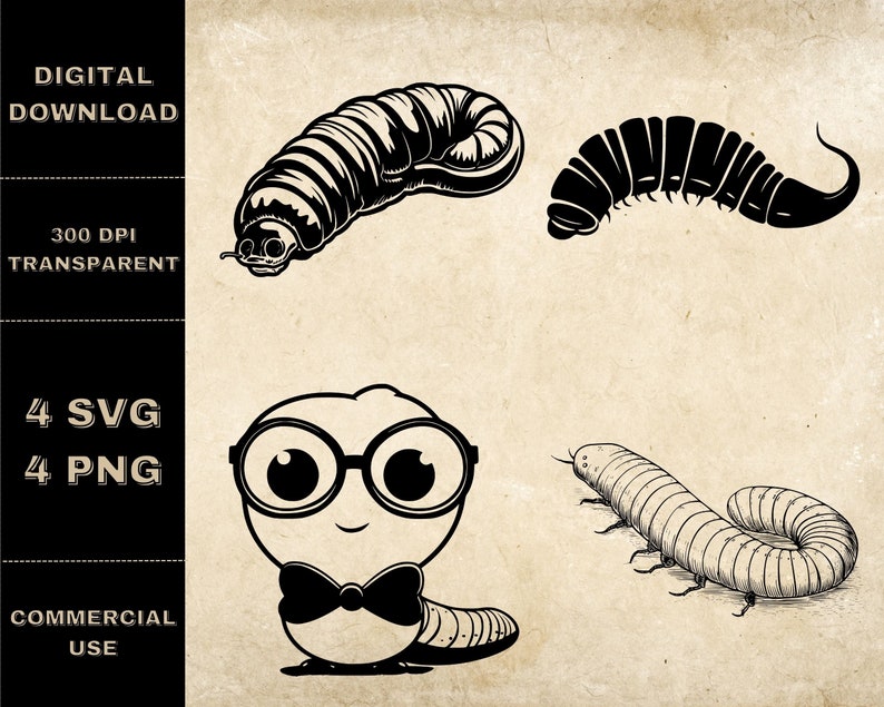 Worm SVG Bundle, PNG, Worm Clipart, Hand Drawn Insect Vector ...
