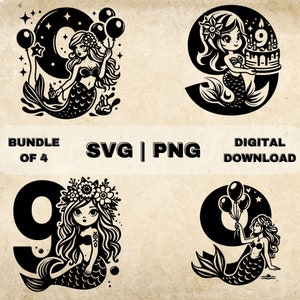 Sirène 9e anniversaire SVG Bundle, neuvième anniversaire Clipart, Illustration vectorielle sur le thème fille dessinés à la main, fichiers SVG pour gravure laser et créations artisanales