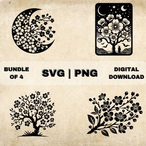 Pacote SVG de flor de cerejeira, clipart de flores e árvores, ilustração vetorial de tema floral desenhado à mão, arquivos SVG para gravação a laser e artesanato