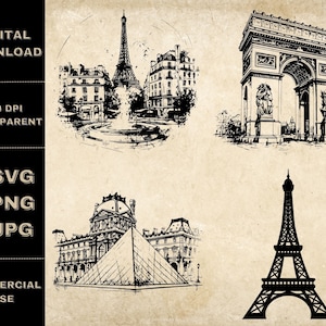 Paris SVG Bundle, PNG, France Clipart, Tour Eiffel dessiné à la main et Louvre Vector Illustration, Fichiers SVG pour la gravure au laser