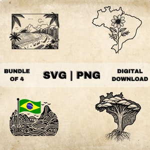 Carte du Brésil SVG Bundle, clipart brésilien, drapeau du Brésil dessiné main Art thème Illustration vectorielle, fichiers PNG pour gravure laser & artisanat