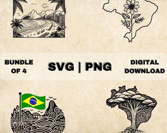 Brazil Map SVG Bundle, Brazilian Clipart, Hand Drawn Brazil Flag Art Theme Vector Illustration, PNG Files For Laser Engraving & Craft