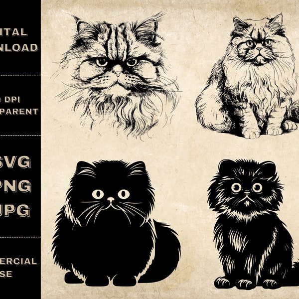 Persian Cat SVG Bundle, PNG, Persian Cat Clipart, Hand Drawn Cat Vector Illustration, SVG Files For Laser Engraving