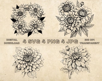 Dahlie Blume SVG Bundle, PNG, Dahlien Blume Clipart, handgezeichnete Dahlien Vektor Grafik Illustration, SVG-Dateien für die Lasergravur