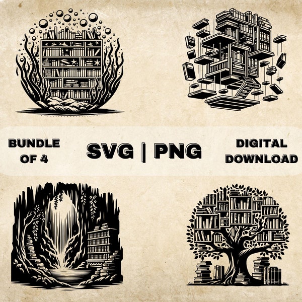 Mystical Libraries SVG Bundle, Fantasy Clipart, Hand Drawn Library Themed Vector Illustration, SVG Files For Laser Engraving & Craft