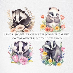 Cute Badger Clipart, Watercolor Badgers PNG Files, Badger Clip Art, Nursery Decor, Printable Wall Art, Sublimation Commercial Use