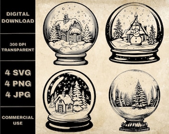Christmas Snow Globe SVG Bundel, PNG, Snow Globe Clipart, Handgetekende kerstthema illustratie, SVG-bestanden voor lasergravure