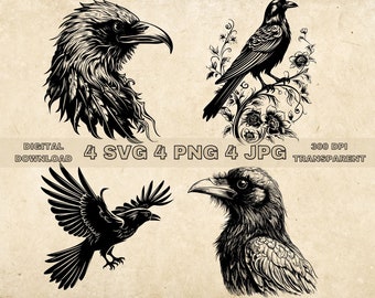 Raven SVG Bundle, PNG, Crows Clipart, Hand Drawn Raven Vector Illustration, SVG Files For Laser Engraving