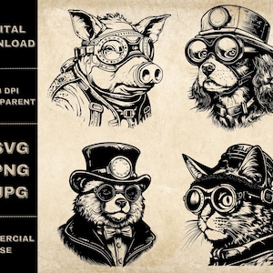 May include: Four black and white illustrations of animals wearing goggles and hats. A pig, a dog, a bear, and a cat are depicted in a steampunk style.