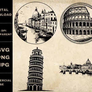 Italy SVG Bundle, PNG, Colosseum Clipart, Hand Drawn Pisa Tower Vector Illustration, SVG Files For Laser Engraving