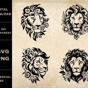 ライオンヘッド SVG バンドル、PNG、ライオンの顔のクリップアート、手描きの花柄ライオンのベクターイラスト、レーザー彫刻用の SVG ファイル