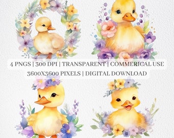 Cute Baby Duck Clipart, Watercolor Little Ducks PNG Files, Animals Clip Art, Nursery Decor, Printable Wall Art, Sublimation Commercial Use
