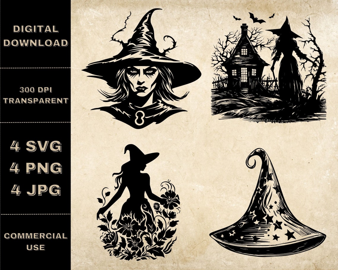 Witch SVG Bundle, PNG, Witchy Clipart, Hand Drawn Floral Witch Hat ...