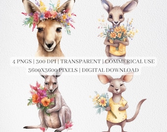 May include: Four digital illustrations of cute kangaroos and a mouse holding bouquets of flowers. The kangaroos are brown with white bellies and have floral crowns. The mouse is gray with a yellow shirt. The flowers are pink, yellow, and orange.