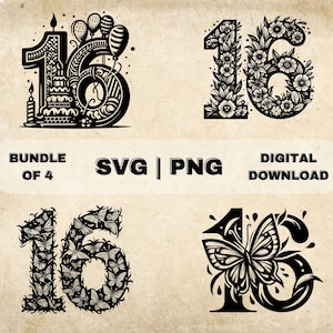 Paquete SVG número 16, imágenes prediseñadas del cumpleaños número 16, ilustración vectorial temática decimosexta dibujada a mano, archivos SVG para grabado láser y artesanía