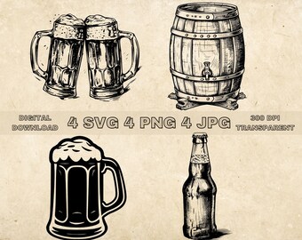Beer SVG Bundle, PNG, Beer Keg Clipart, Hand Drawn Beer Bottle Vector Illustration, SVG Files For Laser Engraving