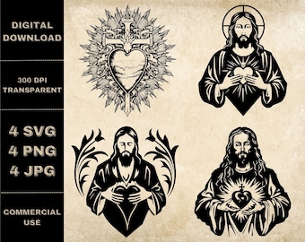 Sacred Heart Of Jesus SVG Bundle, PNG, Sacred Heart Clipart, Hand Drawn Jesus Vector Illustration, SVG Files For Laser Engraving