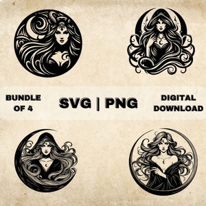 Lilith SVG Bundle, Wiccan Clipart, Hand Drawn Crescent Moon Witchy Theme Vector Illustration, Witch PNG Files For Laser Engraving & Craft