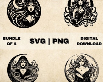 Bundle SVG Lilith, clipart wicca, croissant de lune dessiné à la main illustration vectorielle thème sorcière, sorcière des fichiers PNG pour gravure laser & travaux manuels