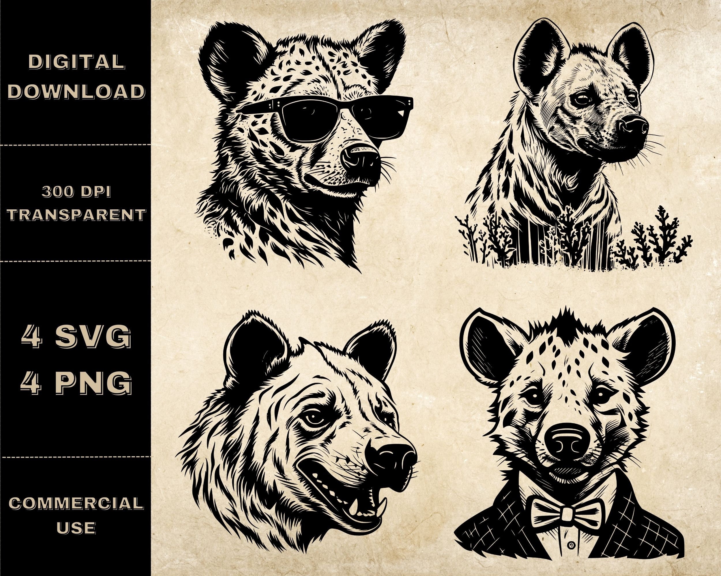 Hyena SVG Bundle, PNG, Hyena Clipart, Hand Drawn Hyenas Vector