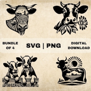 Cow SVG Bundle, Cow Head Clipart, Hand Drawn Farm Animal Theme Vector Illustration, SVG Files For Laser Engraving & Craft
