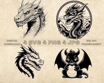 Dragon SVG Bundle, PNG, Dragons Clipart, Hand Drawn Dragon Vector Illustration, SVG Files For Laser Engraving