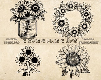 Sonnenblumen SVG Bundle, PNG, Sonnenblumen Kranz Clipart, handgezeichnete Sonnenblumen grafische Illustration, SVG-Dateien für die Lasergravur