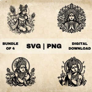 Lord Krishna SVG Bundle, Hindu God Clipart, Hand Drawn Indian Theme Vector Illustration, PNG Files For Laser Engraving & Craft