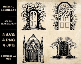 Door SVG Bundle, PNG, Floral Entrance Clipart, Hand Drawn Tree Door Vector Illustration, SVG Files For Laser Engraving