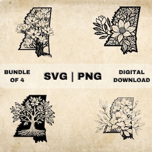 Mississippi State SVG Bundle, Mississippi Clipart,Magnolia Tree, Flower Theme Vector Illustration, PNG Files For Laser Engraving & Craft