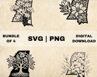 Mississippi State SVG Bundle, Mississippi Clipart,Magnolia Tree, Flower Theme Vector Illustration, PNG Files For Laser Engraving & Craft