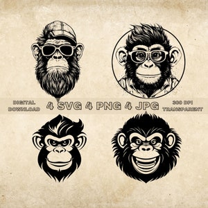 Monkey SVG Bundle, PNG, Monkey With Sunglasses Clipart, Hand Drawn Monkey Vector Illustration, SVG Files For Laser Engraving