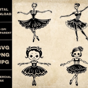 May include: Four black and white illustrations of skeleton ballerinas in various poses. The ballerinas are wearing tutus and have skull faces.