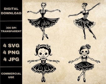 Ballerina SVG Bundle, PNG, Ballet Dancer Skeleton Clipart, Hand Drawn Funny Dancing Vector Illustration, SVG Files For Laser Engraving