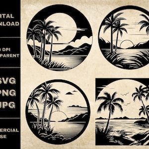 Tropical Sunset SVG Bundle, PNG, Beach Scene Clipart, Hand Drawn Palm Trees Vector Illustration, SVG Files For Laser Engraving