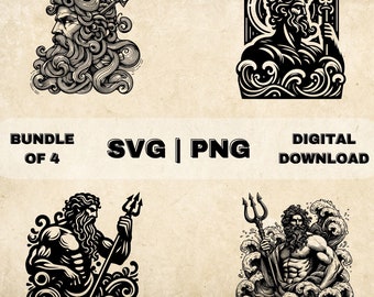 Paquete SVG Poseidón, imágenes prediseñadas del dios griego, ilustración vectorial del tema de la mitología griega antigua dibujada a mano, archivos PNG para grabado láser y artesanía