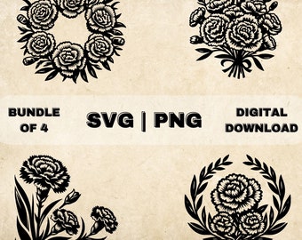 Carnation SVG Bundle, Carnations Flowers Clipart, Hand Drawn Floral Theme Vector Illustration, SVG Files For Laser Engraving & Craft