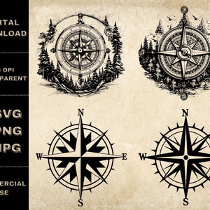 Compass SVG Bundle, PNG, Nautical Compass Clipart, Hand Drawn Compass Vector Illustration, SVG Files For Laser Engraving