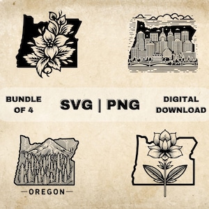Oregon State SVG Bundle, Oregon Clipart, Portland Skyline, Flower, State Roots Art Theme Vector, PNG Files For Laser Engraving & Craft