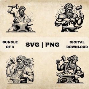 May include: A digital download bundle of four black and white illustrations of a blacksmith working at an anvil. The illustrations are in a vintage style and feature a bearded man with long hair, a hammer, and a glowing forge.