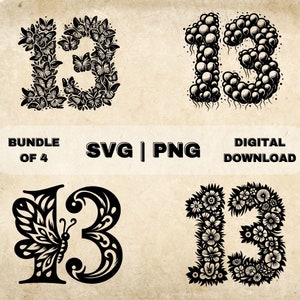 Numer 13 SVG Bundle, 13. urodziny Clipart, ręcznie rysowana trzynastka tematyczna ilustracja wektorowa, pliki SVG do grawerowania laserowego i rzemiosła