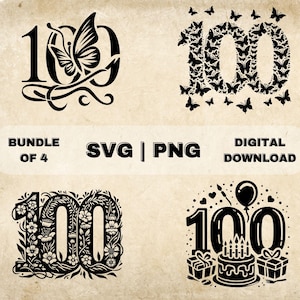 数字 100 SVG バンドル、100 歳の誕生日のクリップアート、手描きの 100 をテーマにしたベクター イラスト、レーザー彫刻とクラフト用の SVG ファイル