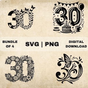 Pacchetto SVG numero 30, clipart per il trentesimo compleanno, illustrazione vettoriale a tema trenta disegnata a mano, file SVG per incisione laser e artigianato
