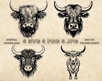 Highland Cow SVG Bundle, PNG, Highland Cow Clipart, Hand Drawn Highland Cow Vector Illustration, SVG Files For Laser Engraving
