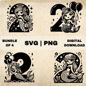 Meerjungfrau 2. Geburtstag SVG Bundle, zweiter Geburtstag Clipart, handgezeichnete Mädchen Thema Vektor Illustration, SVG-Dateien für Lasergravur & Handwerk
