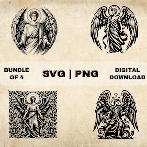 May include: A set of four black and white digital illustrations of angels with wings. Each angel is depicted with a halo and holding a sword or spear. The angels are standing on a cloud-like surface. The illustrations are in a vintage style.